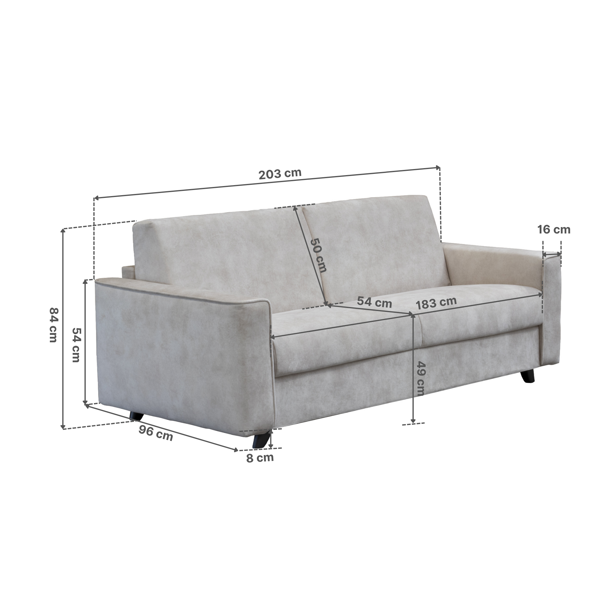 160 cm breites Narnja Schlafsofa mit Maßangaben