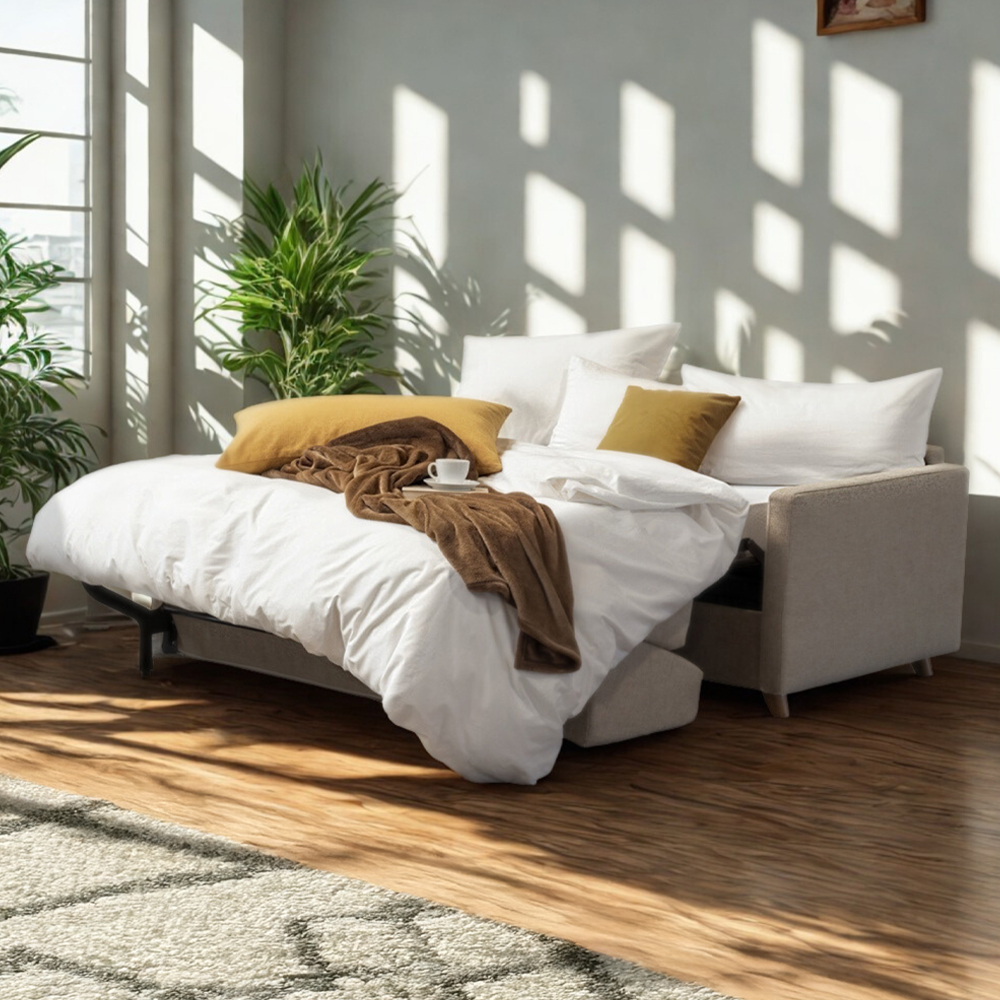 Schlafsofa Narnja mit Matratze ausgeklappt mit Bettwäsche