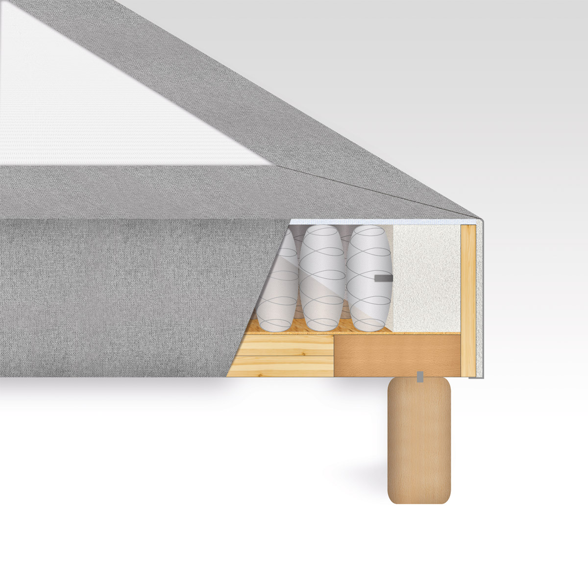 Querschnitt Aufbau Boxspingbett Mistral Illustration seitlicher Schnitt eines Tonnen-Taschenfederkern bei Boxspringbetten